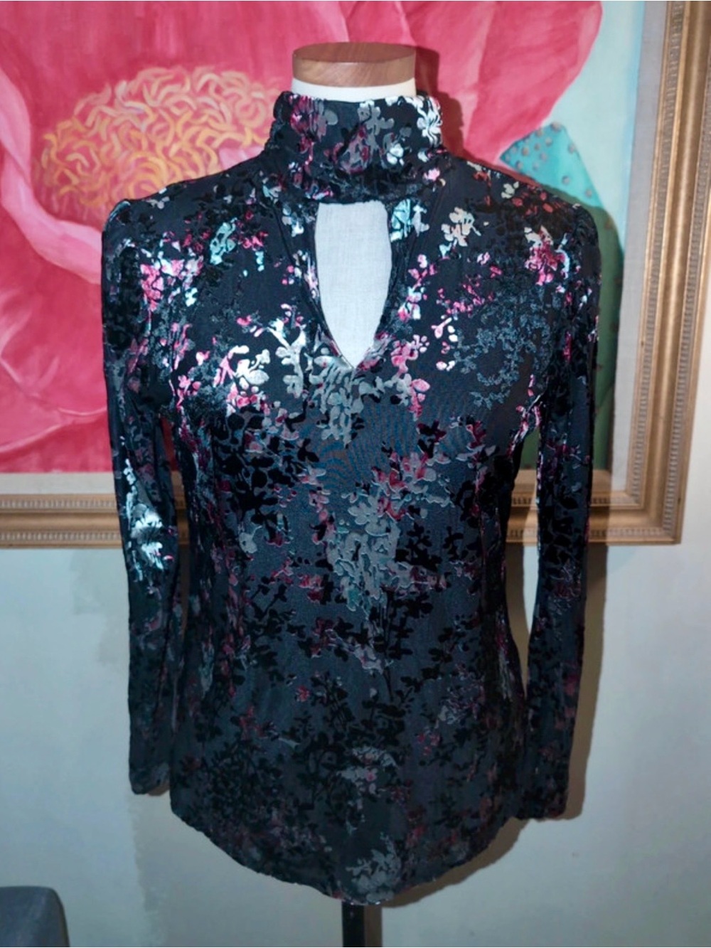 Badgley Mischka Black Burnout Velvet Floral Mock Neck Top Medium EUC